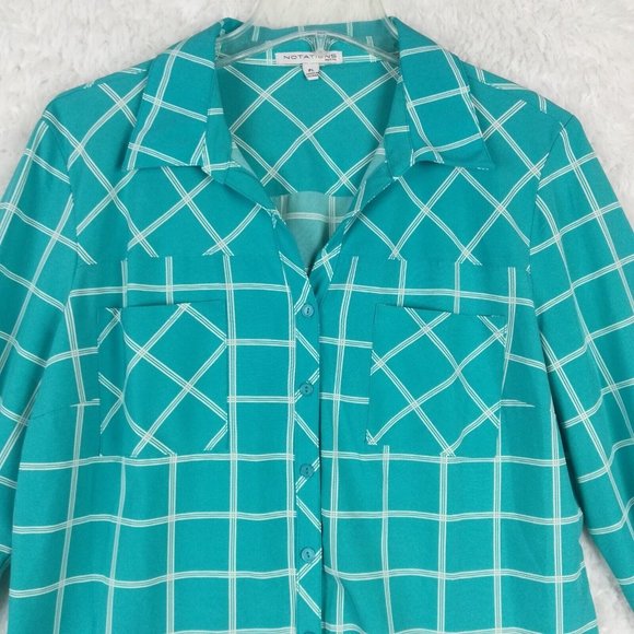 Notations Womens Shirt Top Button Down Blue Check Roll Tab Long Sleeve Petite PL - Picture 4 of 13